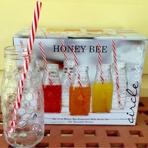 Circleware Honey Bee Embossed Glass Bottle Set with Straws - Red, Orange, Yellow